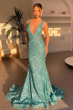 Load image into Gallery viewer, Sparkly Mermaid Deep V Neck Orange Sequins Long Prom Dress with Backless
