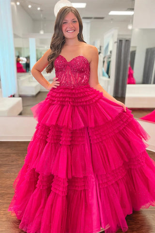 Princess A Line Sweetheart Fuchsia Corset Prom Dress with Appliques Ruffles