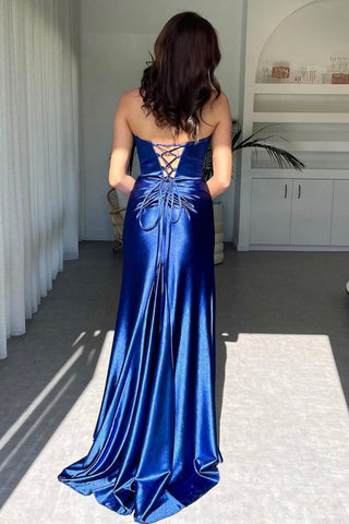 Hot Sexy Mermaid Deep V Neck Royal Blue Long Prom Dress with Criss Cross Back