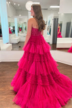 Load image into Gallery viewer, Princess A Line Sweetheart Fuchsia Corset Prom Dress with Appliques Ruffles

