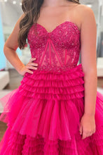 Load image into Gallery viewer, Princess A Line Sweetheart Fuchsia Corset Prom Dress with Appliques Ruffles
