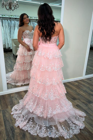 Sparkly Pink A-Line Sweetheart Long Tiered Sequin Prom Dress with Slit