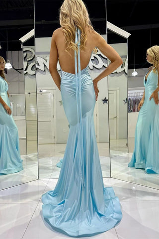 Trendy Mermaid Halter Neck Blue Long Prom Dress with Backless