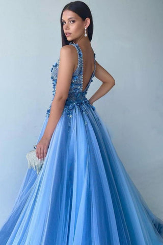 Gorgeous A Line Deep V Neck Blue Long Prom Dress with Appliques