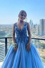 Load image into Gallery viewer, Gorgeous A Line Deep V Neck Blue Long Prom Dress with Appliques
