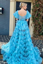 Load image into Gallery viewer, Charming A Line Sweetheart Blue Corset Prom Dress with Short Sleeves
