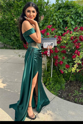 Stylish Mermaid Off the Shoulder Dark Green Corset Prom Dress with Split Front