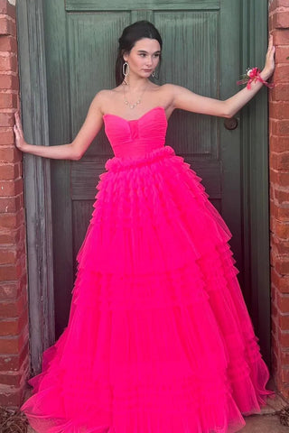 Trendy A Line Strapless Hot Pink Long Prom Dress with Ruffles