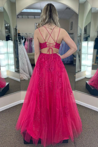 Stunning A Line Spaghetti Straps Fuchsia Long Prom Dress with Appliques