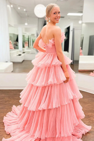 Beauty A Line Strapless Pink Long Prom Dress with Ruffles