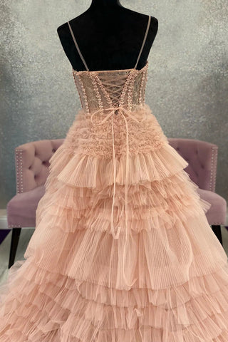 Charming A Line Spaghetti Straps Light Pink Corset Prom Dress with Ruffles