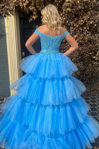 Trendy High Low Off the Shoulder Blue Corset Prom Dress with Appliques