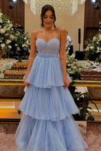 Load image into Gallery viewer, Princess A Line Spaghetti Straps Blue/Lavender Corset Prom Dress with Ruffles
