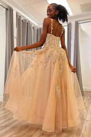 Charming A Line Spaghetti Straps Champagne Long Prom Dress with Appliques