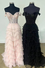 Load image into Gallery viewer, Elegant A Line Off the Shoulder Corset Light Champagne Corset Prom Dress with Lace Ruffles
