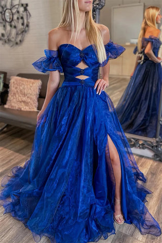 Trendy A Line Off the Shoulder Royal Blue Long Prom Dress with Keyhole