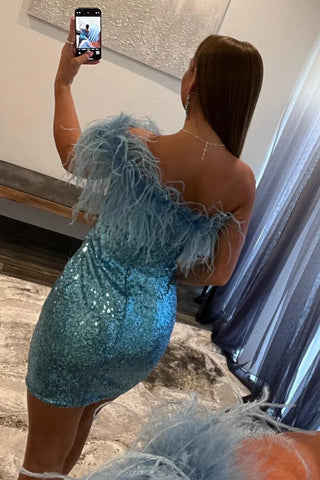 Glitter One-Shoulder Sequins Homecoming Dress With Feather