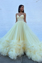 Load image into Gallery viewer, Stylish A Line Sweetheart Yellow Corset Prom Dress with Appliques Ruffles
