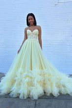 Load image into Gallery viewer, Stylish A Line Sweetheart Yellow Corset Prom Dress with Appliques Ruffles
