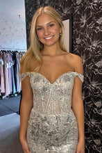 Load image into Gallery viewer, Sparkly Mermaid Off the Shoulder Silver Corset Prom Dress with Split Front
