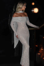 Load image into Gallery viewer, Sparkly Mermaid Off the Shoulder Silver Sequins Long Party Dress
