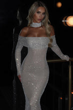 Load image into Gallery viewer, Sparkly Mermaid Off the Shoulder Silver Sequins Long Party Dress
