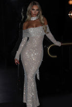 Load image into Gallery viewer, Sparkly Mermaid Off the Shoulder Silver Sequins Long Party Dress
