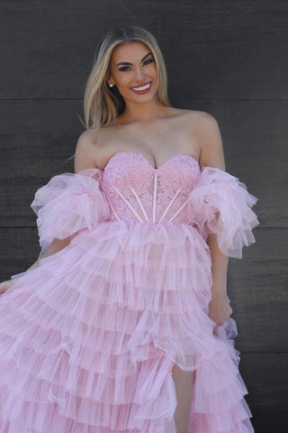 Princess A Line Sweetheart Pink Corset Prom Dress with Ruffles Split Front