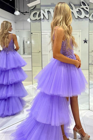 Stylish High Low Spaghetti Straps Purple Prom Dress with Appliques