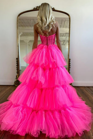 Cute Hot Pink High-Low Sweetheart Long Tulle Prom Party Dress