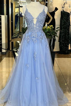 Load image into Gallery viewer, A-Line Light Blue Spaghetti Straps Lace Up Long Tulle Prom Dress With Appliques
