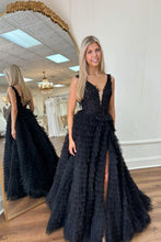 Load image into Gallery viewer, Black A-Line Lace Top V-Neck Long Tulle Prom Dress with Appliques
