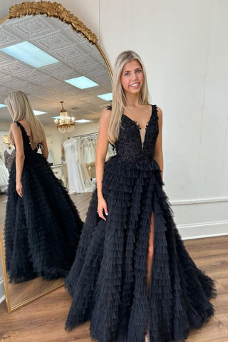 Black A-Line Lace Top V-Neck Long Tulle Prom Dress with Appliques