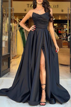 Load image into Gallery viewer, Black A-Line Strapless Pleated Top Satin Prom Dress with Slit
