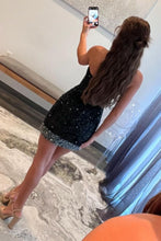 Load image into Gallery viewer, Black Bodycon Strapless Short Sequin Homecoming Dress with Beading
