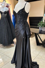 Load image into Gallery viewer, Black Mermaid Spaghetti Straps Long Satin Prom Dress with Sequin
