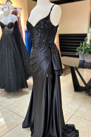 Black Mermaid Spaghetti Straps Long Satin Prom Dress with Sequin