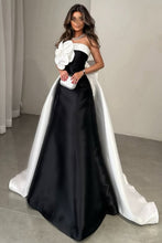 Load image into Gallery viewer, Black and White A-Line Long Satin Party Dress with Flower and Bowknot
