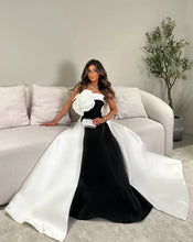 Load image into Gallery viewer, Black and White A-Line Long Satin Party Dress with Flower and Bowknot
