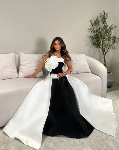 Black and White A-Line Long Satin Party Dress with Flower and Bowknot