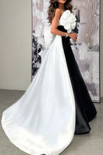 Load image into Gallery viewer, Black and White A-Line Long Satin Party Dress with Flower and Bowknot
