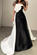 Load image into Gallery viewer, Black and White A-Line Long Satin Party Dress with Flower and Bowknot
