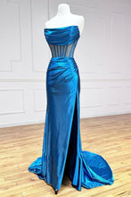 Load image into Gallery viewer, Blue Mermaid Strapless Sweep Train Satin Prom Dress With Split And Pleating
