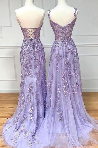 Charming Lilac Mermaid Corset Back Long Prom Dress With Appliques