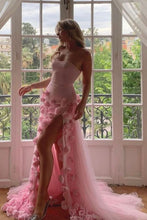 Load image into Gallery viewer, Charming Pink Mermaid Strapless Long Tulle Prom Dress with 3D Flowers
