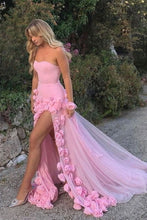 Load image into Gallery viewer, Charming Pink Mermaid Strapless Long Tulle Prom Dress with 3D Flowers
