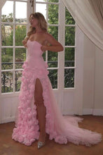 Load image into Gallery viewer, Charming Pink Mermaid Strapless Long Tulle Prom Dress with 3D Flowers
