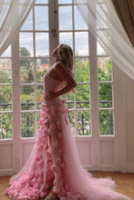 Load image into Gallery viewer, Charming Pink Mermaid Strapless Long Tulle Prom Dress with 3D Flowers
