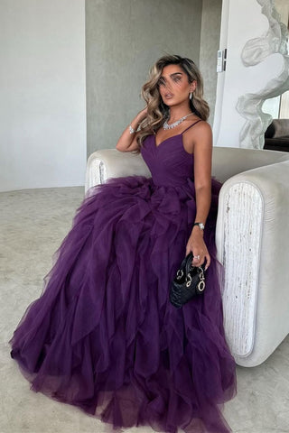 Chic A-Line Purple Spaghetti Straps Backless Long Ruffle Tulle Party Dress