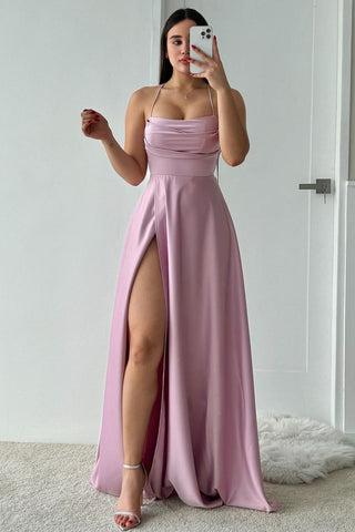 Chic A-Line Spaghetti Straps Lace Up Long Satin Prom Dress